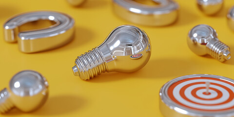 Obraz premium A collection of essential business and marketing icons (lightbulb, target, magnet) rendered as polished, metallic 3D objects, scattered on a simple, vibrant surface, clean render.