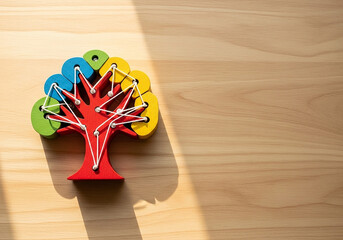 A colorful wooden tree with interconnected threads under sunlight, a beautiful concept representing diversity, unity, and creative connections in a team