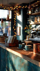 Cozy cafe scene: Two mugs of coffee on a rustic wooden counter, illuminated by soft lights and vintage bulbs. Warm and inviting mood.