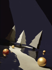 Minimalist 3D-Rendered Winter Landscape with Abstract Trees and Path