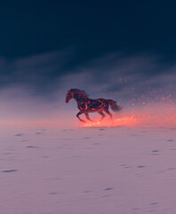 Mystical Fire Horse Silhouette Running in Snow Covered Winter Landscape