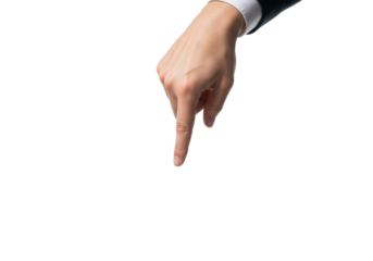 A single, professional human hand with fair skin, fingers extended and pointing downwards against a transparent studio background with copy space below, concept of digital interaction and