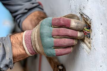 Close-up of an electrician’s gloved hands working on a wall socket, adjusting colored electrical wires, showcasing skilled manual labor and safety practices in electrical installation.
