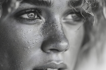 Dramatic black and white close-up portrait of a young woman with tears on her cheek, expressing deep sadness and emotional vulnerability.
