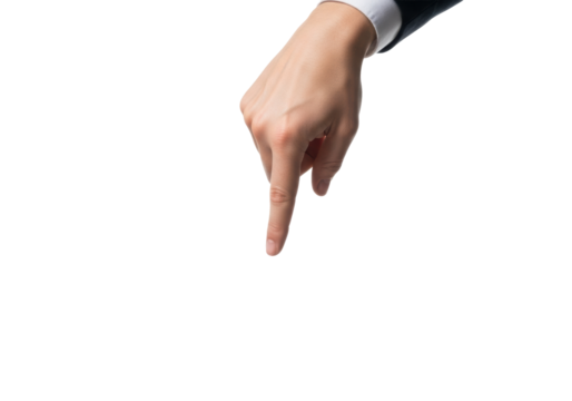 A single, professional human hand with fair skin, fingers extended and pointing downwards against a transparent studio background with copy space below, concept of digital interaction and