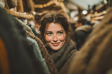 Smiling young woman in a cozy shop holding up a striped knit sweater with a price tag, surrounded by yarn and warm holiday lights.
