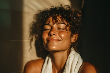 Peaceful young woman with glowing skin leans against a steamy tiled wall in a white towel robe, eyes closed and smiling gently, enjoying a moment of calm and relaxation after a shower.
