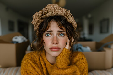 Young woman with a concerned expression sitting on a sofa in a cluttered room, wearing a mustard sweater and scrunchie hat, surrounded by moving boxes.

