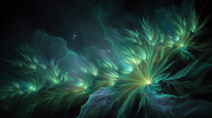 Green fireworks bursting along the edges of the frame, glowing sparks and radiant trails illuminating the dark sky with vibrant emerald light.