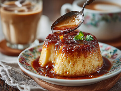 a caramel-flavored flan dessert on a floral plate, being drizzled with a caramel sauce using a spoon. The flan has a golden-brown top with a light-colored center, and it is garnished with mint leaves