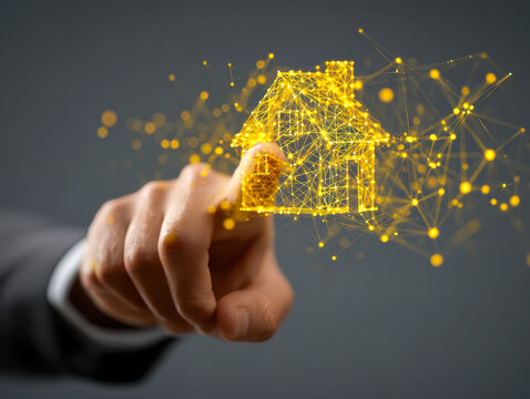 Person touching a glowing yellow digital network hologram in the shape of a house symbolizing modern smart home technology and connectivity innovations - Powered by Adobe