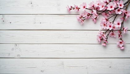 Fototapeta premium Rustic Wooden Background with Whitewashed Planks and Cherry Blossoms