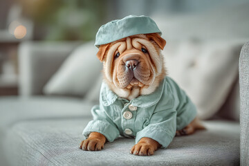 Adorable Shar Pei dog wearing light blue pajamas and a matching cap, lying on a sofa with a serious expression, creating a humorous and charming indoor portrait.
