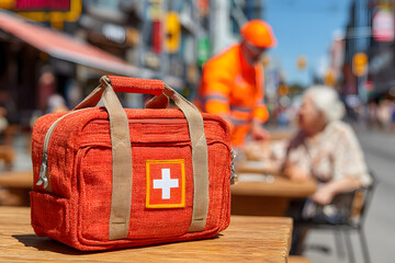 Bright orange first aid kit placed on an outdoor table with a blurred emergency responder and elderly person in the background, suggesting a public health incident or street aid.

