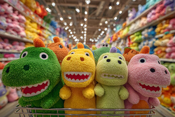 Shopping cart filled with colorful plush dinosaur toys in a brightly lit toy store aisle, surrounded by rows of vibrant stuffed animals.
