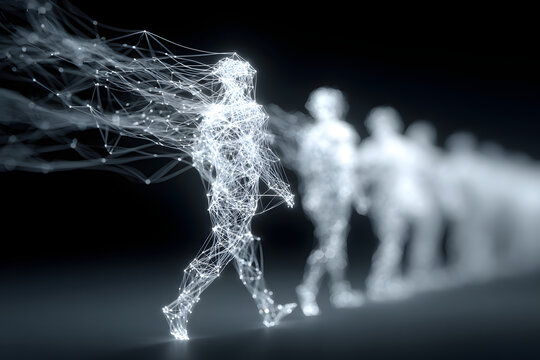 Conceptual image of glowing human figures made of digital connections and nodes, symbolizing artificial intelligence, data networks, and digital transformation.
