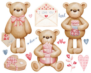 Cute watercolor teddy bears with love-themed gifts, hearts, and envelopes. Charming Valentine’s Day clipart set on a transparent background, perfect for cards, stickers, and romantic designs.