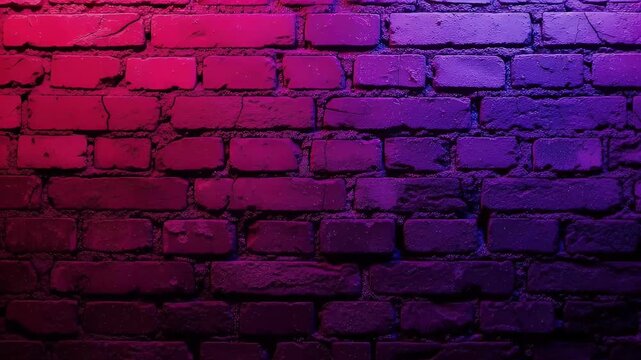A dynamic close-up shot of a textured brick wall illuminated by vibrant, shifting neon lights. The intense pink and purple hues blend seamlessly, creating an edgy, gradient glow across the rough, weat