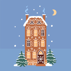 Traditional gingerbread house with icing decor in snowy landscape, winter night with moon and trees, festive Christmas illustration, sweet holiday cookie home vector for seasonal design and cards