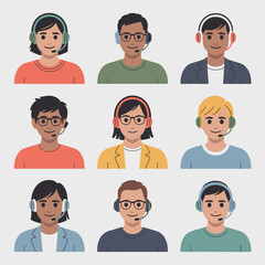 Fototapeta premium Set of Diverse Customer Support Agents with Headsets in Flat Vector Illustration