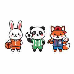 Cute cartoon animals playing sports, featuring a rabbit with a basketball, a panda with a soccer ball, and a fox with a baseball bat and ball.