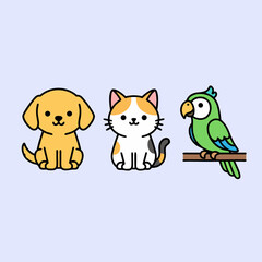 Cute cartoon dog, cat, and parrot sitting together on a light blue background in a simple illustration style.