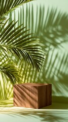 Fototapeta premium A minimalist wooden cube is elegantly positioned against a soft pastel backdrop, surrounded by lush palm fronds casting intricate shadows that evoke tranquility and nature's beauty.