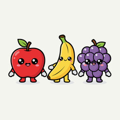 Cute cartoon apple, banana, and grapes standing together.