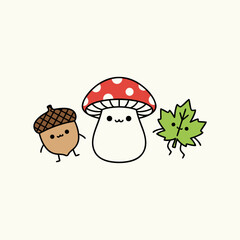 Naklejka premium A cute cartoon illustration featuring an acorn, a mushroom, and a maple leaf with happy faces.