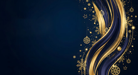 Elegant dark blue background with flowing golden ribbons and sparkling snowflake accents