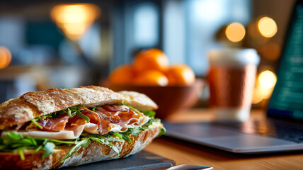 Indulge in a delicious sandwich with fresh ingredients, set against the backdrop of a modern workspace with a laptop and coffee.