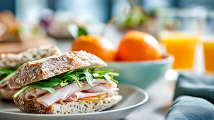 Delicious sandwich filled with fresh arugula, tomatoes, and thinly sliced meat on a grainy bun for a wholesome and satisfying meal.