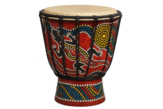 Djembe drum with tribal lizard and sun pattern, african percussion instrument, cultural music art, transparent background