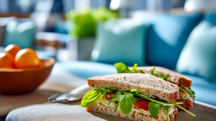 Rustic sandwich featuring fresh greens and tomatoes, accompanied by a bowl of bright orange fruits on a naturally-lit table.