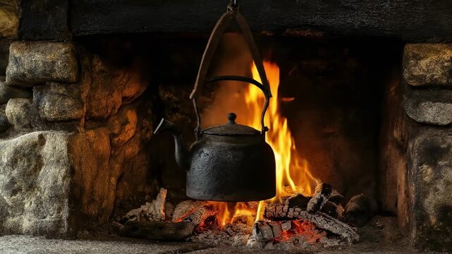 Black kettle hanging over fire in stone fireplace with flames