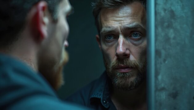 Man gazes into mirror reflecting internal conflict and self doubt. Unsure man faces own image, questioning identity, feeling distress. Troubled thoughts create mental anguish and emotional pain.