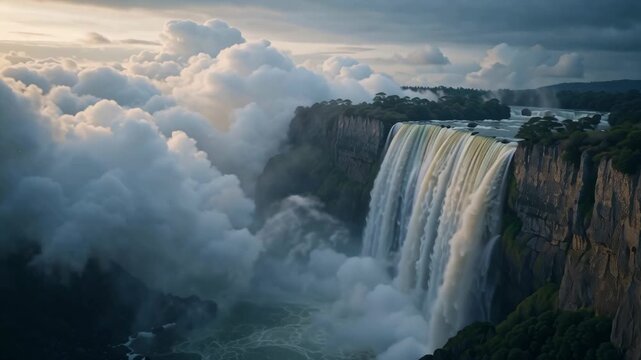 Kaieteur Falls, Guyana Majestic Waterfall, Jungle, and Clouds
