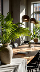 A serene, sun-drenched room featuring a lush fern in a textured vase, creating a tranquil, nature-inspired indoor space.