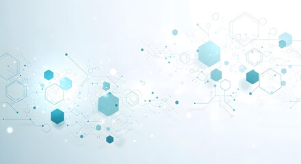 Abstract blue hexagonal molecules connected by lines on a clean white background