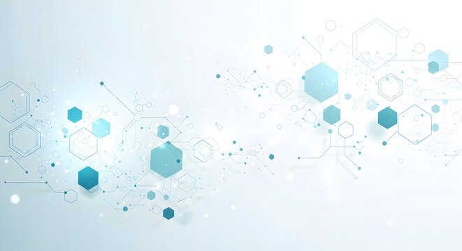 Abstract blue hexagonal molecules connected by lines on a clean white background