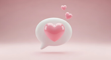 Pink heart inside white speech bubble with floating hearts love