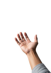 Obraz premium Adult male asian hand with light brown skin, well-groomed, reaching upwards palm open, fingers splayed in high-key studio lighting on transparent background, interacting with digital interface.