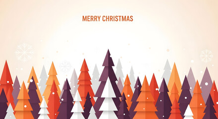 Abstract geometric christmas trees in warm colors with falling snow and merry christmas text