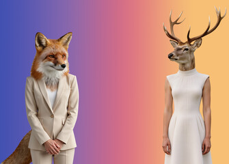 Obraz premium Fox and Deer Human Hybrid Fashion Portrait, Surreal Conceptual Animal Heads, Modern Minimalist Art Illustration