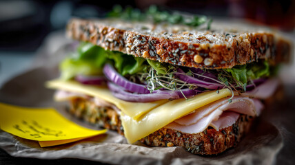 Hearty grain bread layers turkey, cheese, onion, and greens for a delicious, satisfying, and nutritious, deli-style sandwich.