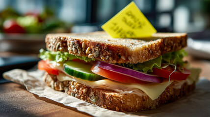 Fresh sandwich on a table. Whole wheat bread with cheese, tomato, lettuce, cucumber and onion. Healthy eating, delicious lunch.