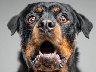 Surprised Rottweiler dog with expressive amber eyes and open mouth captured in a detailed close-up portrait against a neutral gray background