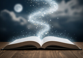 An open book releasing a magical stream of light under the moon, a creative concept perfect for storytelling, imagination, fantasy, and the magic of reading