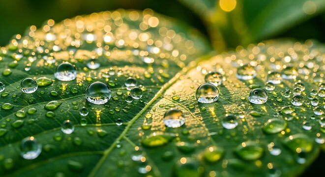 Macro photograph of green leaf surface covered with many clear water droplets and golden sunlight bokeh