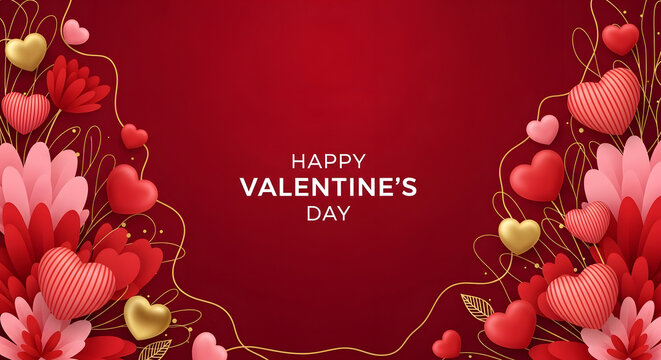 Romantic red background with heart shapes and floral elements for valentine s day celebration